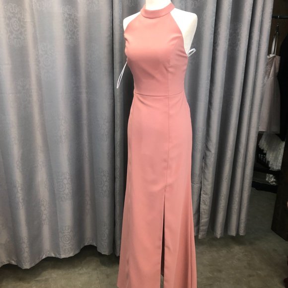 New Dessert Rose Crepe Dress, Halter Keyhole Back Bridesmaid Formal Leg Slit - Picture 7 of 14